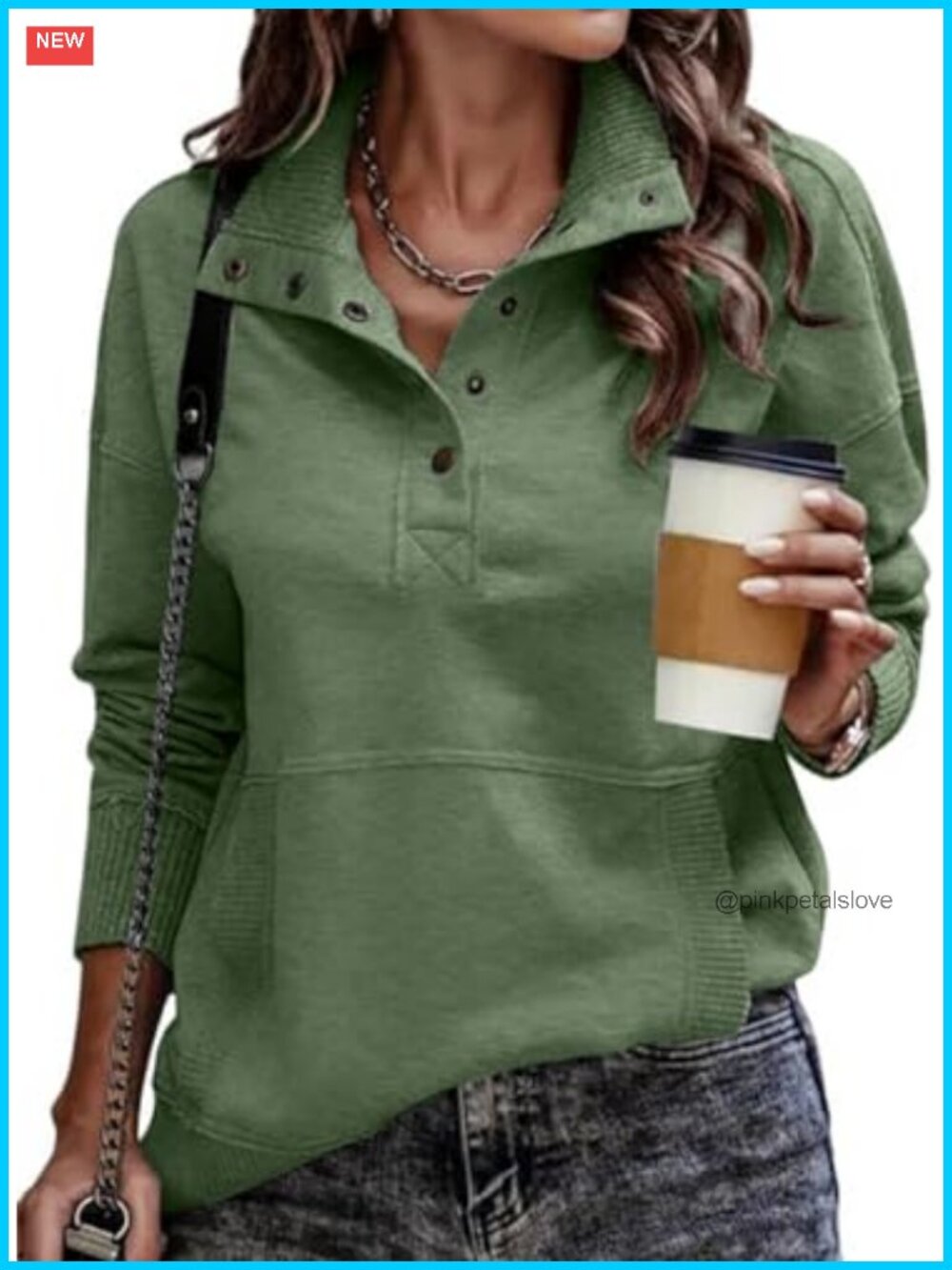 Women's Long Sleeve V-Neck Button Drawstring Sweatshirt